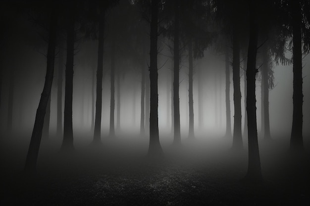 El fondo espeluznante de los árboles en una noche de niebla