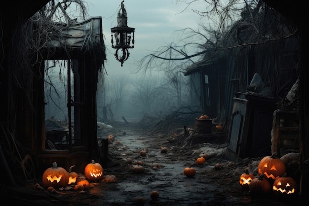 Fondo espeluznante de Halloween, calabazas aterradoras en un castillo fantasma de terror espeluznante