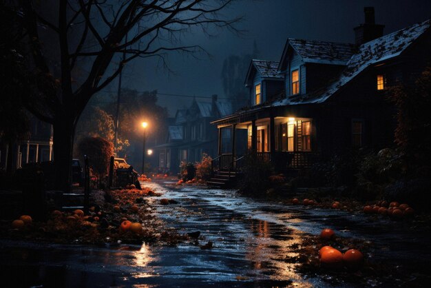 Fondo espeluznante de Halloween, calabazas aterradoras en la habitación de la casa fantasma de terror espeluznante