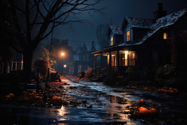 Fondo espeluznante de Halloween, calabazas aterradoras en la habitación de la casa fantasma de terror espeluznante