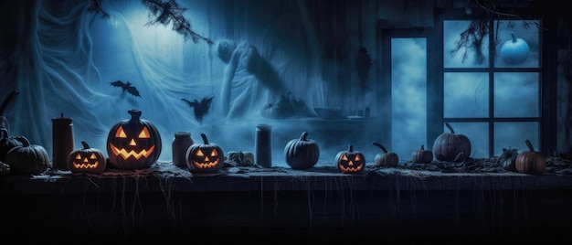 Fondo espeluznante de Halloween, calabazas aterradoras en la habitación de la casa fantasma de terror espeluznante