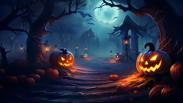 Foto fondo espeluznante de halloween y diseño de banner de calabaza de halloween