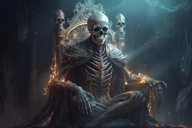 Fondo espeluznante de Halloween con un esqueleto espeluznante sentado en un trono