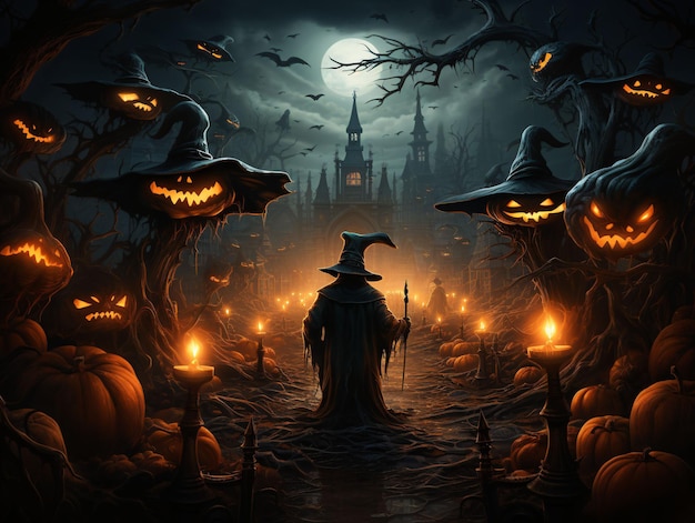 Fondo espeluznante de Halloween con Jack O Lanterns Grave Yard y Scary Trees IA generativa