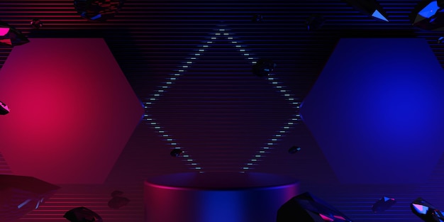 Fondo de esports de juegos futuristas papel tapiz abstracto estilo cyberpunk escena de concierto de escenario de juego de ciencia ficción en la sala de exhibición de pedestal luz de neón led renderizado de ilustración 3d