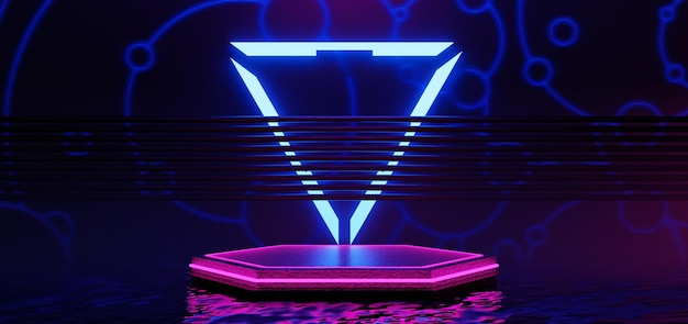 Fondo de esports de juegos futuristas papel tapiz abstracto estilo cyberpunk escena de concierto de escenario de juego de ciencia ficción en la sala de exhibición de pedestal luz de neón led renderizado de ilustración 3d
