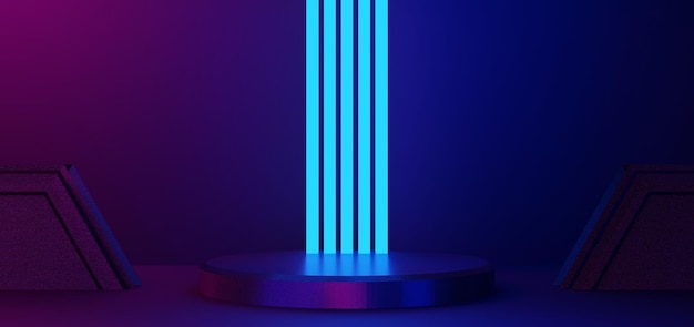 Fondo de esports de juegos futuristas papel tapiz abstracto estilo cyberpunk escena de concierto de escenario de juego de ciencia ficción en la sala de exhibición de pedestal luz de neón led renderizado de ilustración 3d