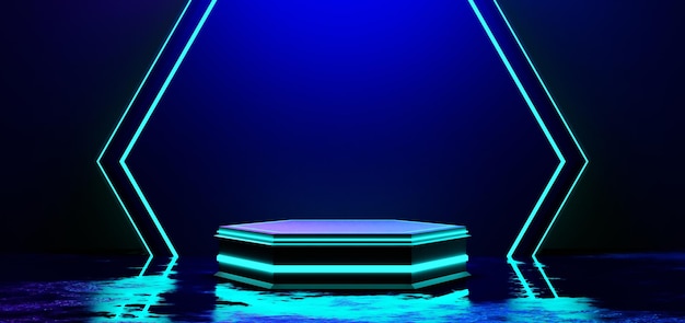 Fondo de esports de juegos futuristas papel tapiz abstracto estilo cyberpunk escena de concierto de escenario de juego de ciencia ficción en la sala de exhibición de pedestal luz de neón led renderizado de ilustración 3d