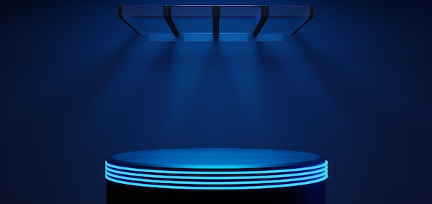 Fondo de esports de juegos futuristas papel tapiz abstracto estilo cyberpunk escena de concierto de escenario de juego de ciencia ficción en la sala de exhibición de pedestal luz de neón led renderizado de ilustración 3d