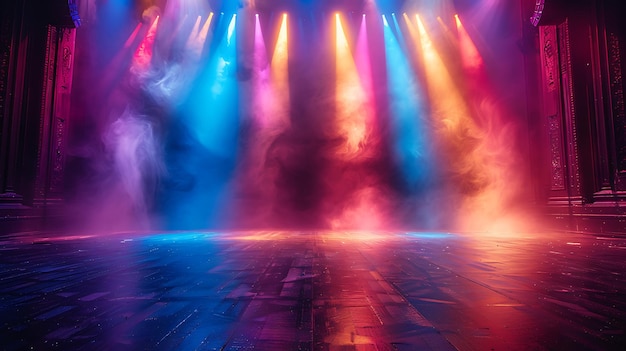 Fondo de estandarte de un escenario vacío con focos de colores y espacio de copia