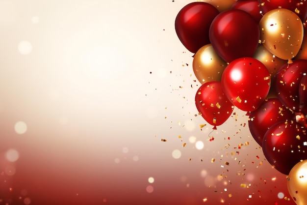 Fondo de estandarte de la fiesta de celebración con globos rojos y dorados y confeti con espacio de copia vacío