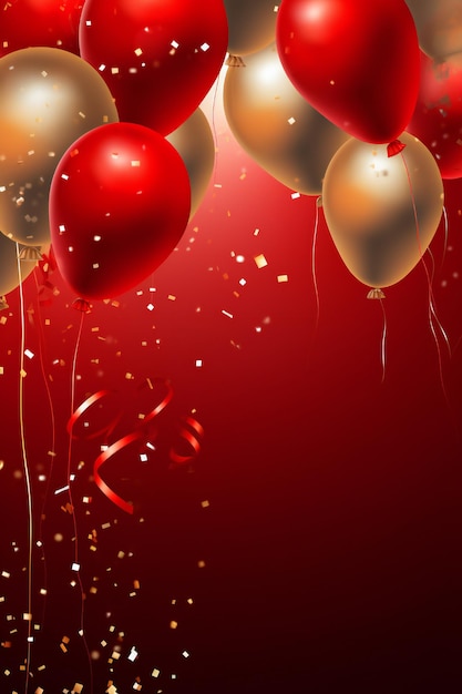 Foto fondo de estandarte de la fiesta de celebración con globos rojos y dorados y confeti con espacio de copia vacío