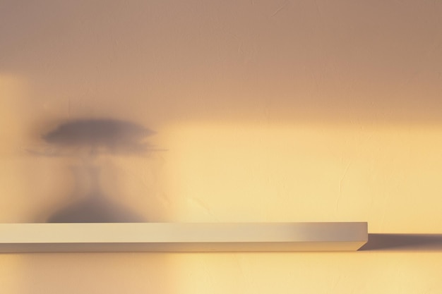 Fondo de estante de madera en la pared blanca a la luz del sol