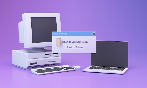 Fondo estético abstracto con ventanas de mensajes de sistema de estilo de los años 90, ventana de mensaje de sistema de icono emergente de teclado de mouse de computadora vintage antiguo en renderizado 3d realista de estilo y2k degradado rosa y púrpura
