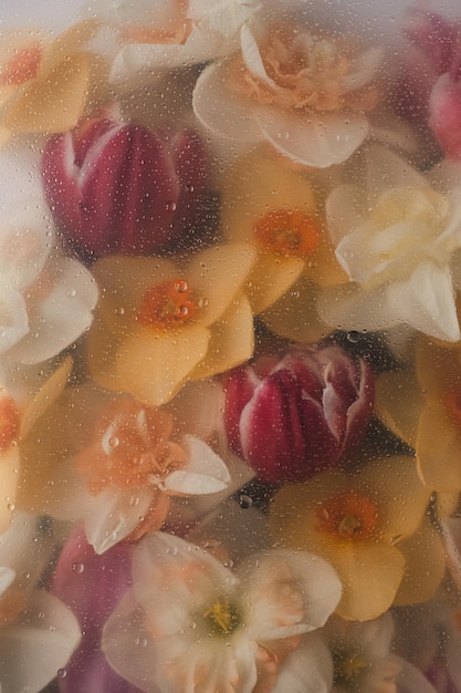 Fondo estético floral abstracto Narciso colorido y flores de tulipán debajo de la placa de vidrio con gotas de agua y salpicaduras Hermosas flores y pétalos Botánica artística imagen para plantilla