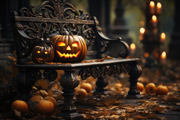 Fondo estético de Halloween con una calabaza tallada aterradora