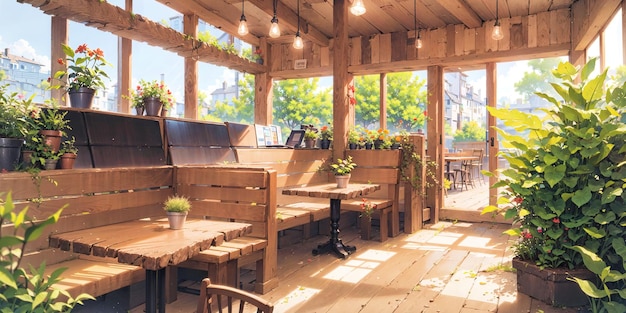 Fondo de estilo anime plantas cafetería cafetería cena generativa ai