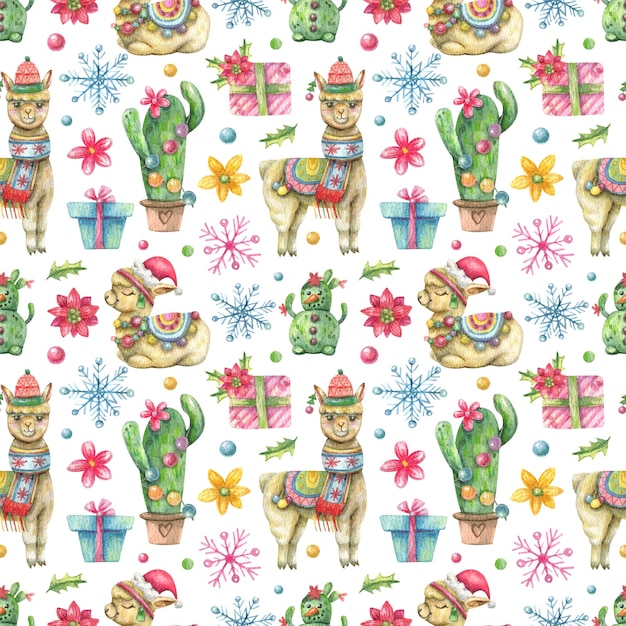 Foto fondo en estilo de año nuevo de dibujos animados. lindas alpacas, cajas de regalo, confeti y cactus disfrazados.