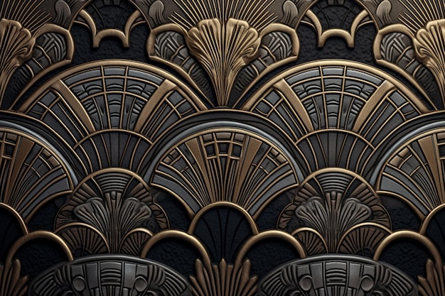 Un fondo de estilo art deco dorado y negro con un patrón decorativo generativo ai