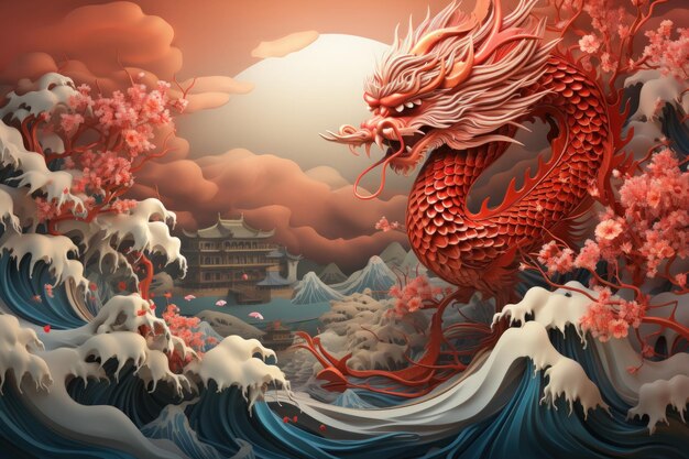 Fondo de estilo de arte de papel de concepto de año nuevo chino Fondo rojo de dragón y flor de cerezo