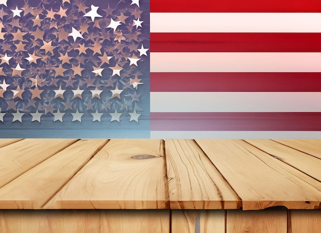 Fondo de estilo de bandera de EE. UU. Mesa de madera vacía para montajes de exhibición