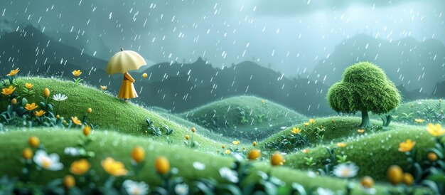 Fondo en estilo de dibujos animados en 3D con tema de lluvia en Cartoon Green Hills