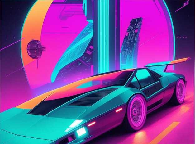 Foto fondo de estilo futurista de ciencia ficción retro de los años 80 con superdeportivo