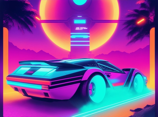 Fondo de estilo futurista de ciencia ficción retro de los años 80 con superdeportivo