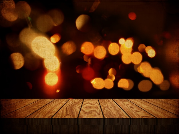 Foto fondo de estilo grunge con mesa de madera contra el fondo de luces bokeh