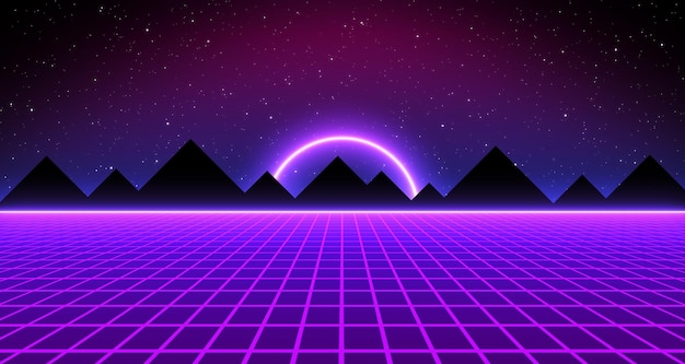Fondo de estilo retro paisaje de cuadrícula futurista de los años 80