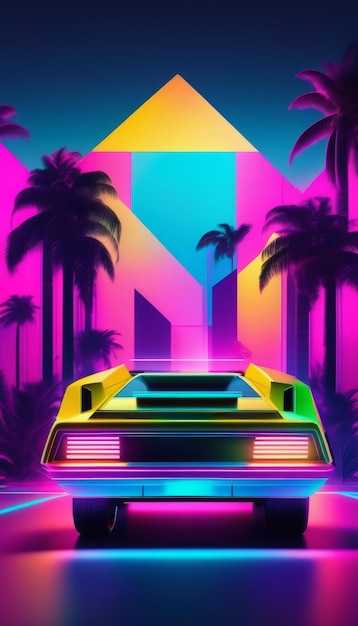 Foto fondo de estilo vaporwave concepto coche futurista generativo ai retrowave sol