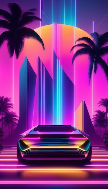 Foto fondo de estilo vaporwave concepto coche futurista generativo ai retrowave sol