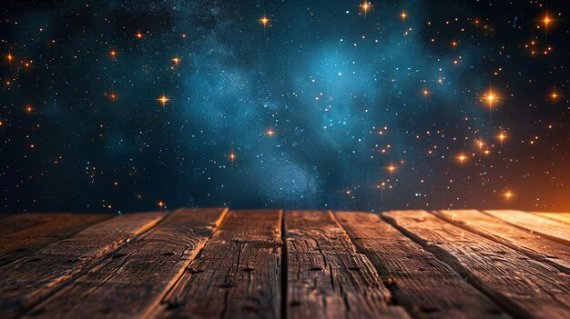 Foto fondo de estrellas con mesa de madera fondo de ramadán