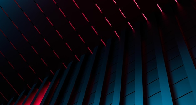Fondo de estructura de pared de bloque con iluminación de neón azul y roja Esquina de techo abstracta con iluminación azul y roja Cuarto oscuro futurista con iluminación de neón 3D render