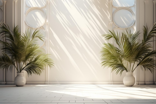 Fondo de estudio blanco abstracto para la presentación del producto Habitación vacía con sombras de ventanas y flores y hojas de palma Habitación 3D con espacio de copia Ai generativo