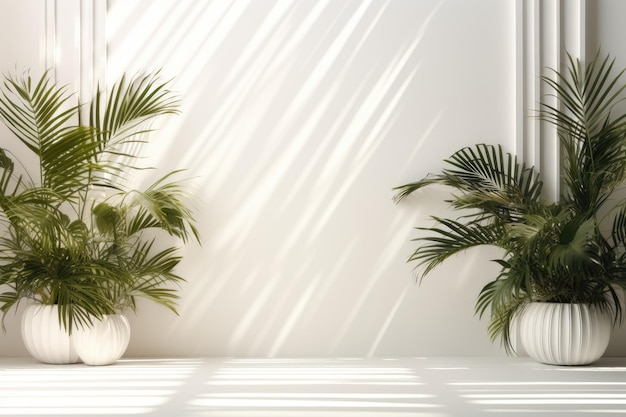 Fondo de estudio blanco abstracto para la presentación del producto Habitación vacía con sombras de ventanas y flores y hojas de palma Habitación 3D con espacio de copia Ai generativo