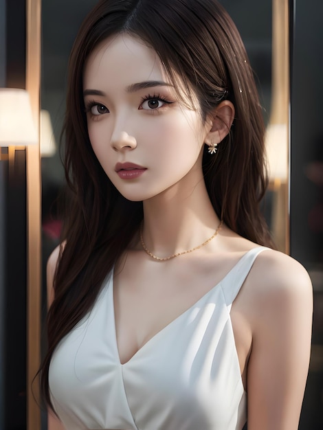 Fondo de estudio de cabello castaño de dama de oficina de belleza asiática AI generativo