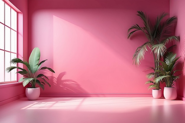 Fondo de estudio de gradiente de color rosa abstracto para la presentación del producto Sala vacía con sombras de ventanas y flores y hojas de palma