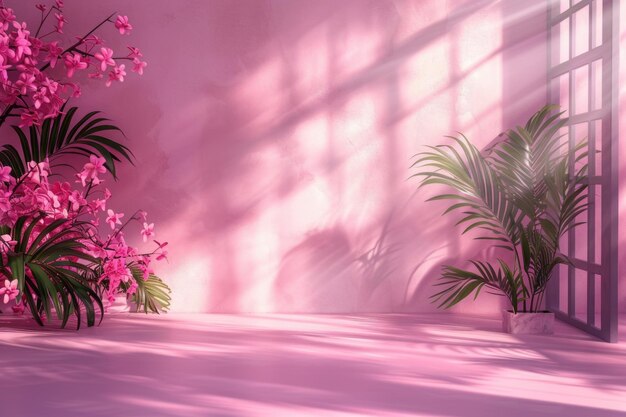Fondo de estudio de gradiente rosa con sombras de ventanas y hojas de palma