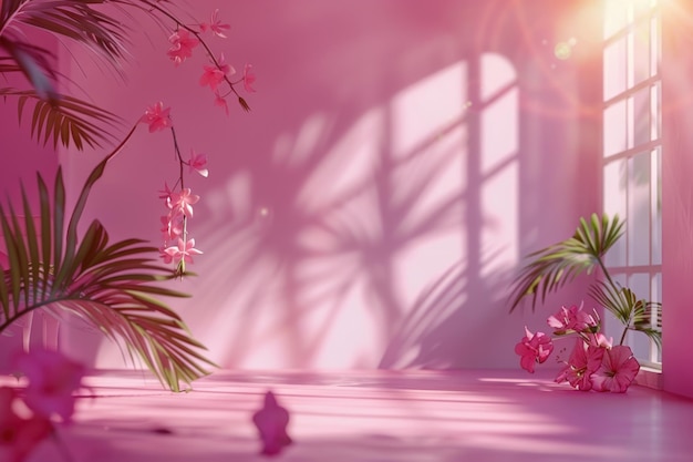 Fondo de estudio de gradiente rosa con sombras de ventanas y hojas de palma