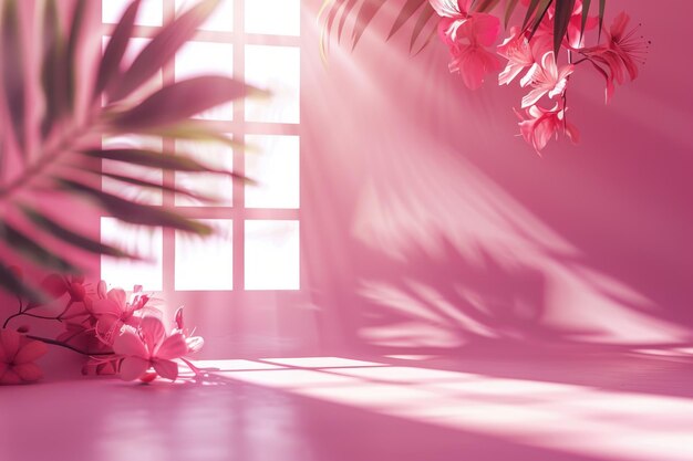 Fondo de estudio de gradiente rosa con sombras de ventanas y hojas de palma