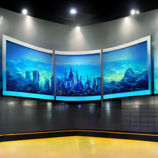 Foto fondo de estudio de noticias para programas de televisión tv en la pared ilustración 3d de fondo de estudio de noticias virtuales 3d