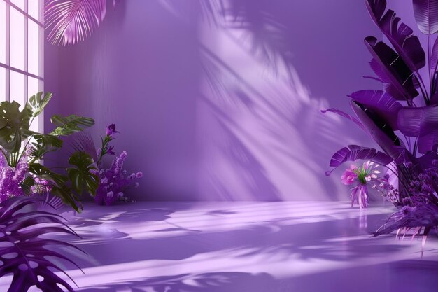 Fondo de estudio púrpura con sombras de ventanas flores hojas de palma