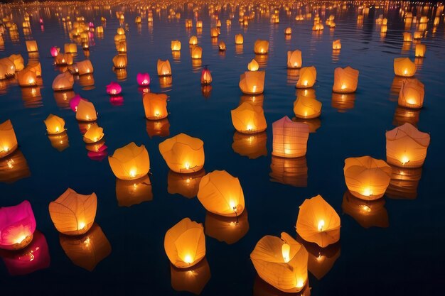 Fondo del evento del festival de Loy Krathong Templos tradicionales iluminados con una iluminación suave