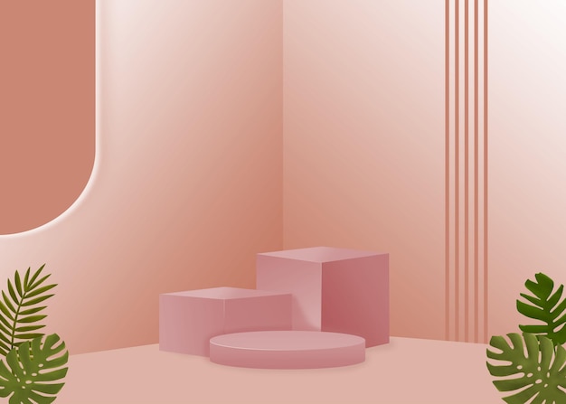 Fondo de exhibición de producto de vector 3D rosa tropical Minimalis con hojas de palma