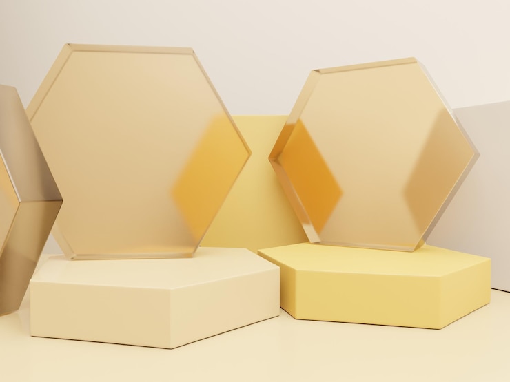 Fondo de exhibición de productos de vidrio acrílico con forma de panal de representación 3D para productos de salud y cuidado de la piel con miel