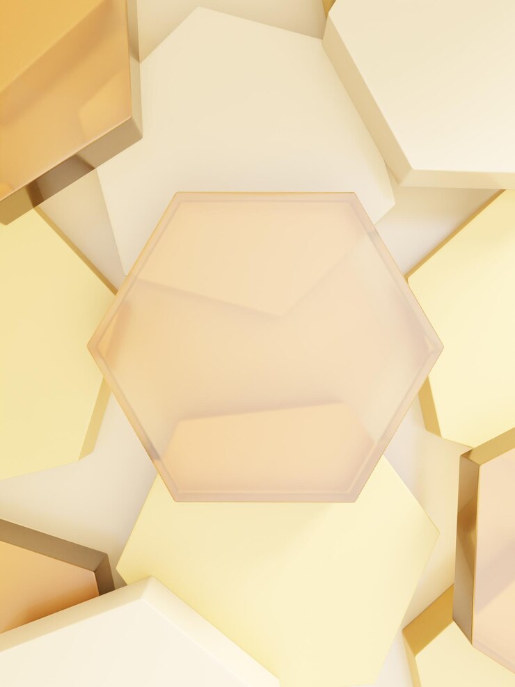 Fondo de exhibición de productos de vidrio acrílico con forma de panal de representación 3D para productos de salud y cuidado de la piel con miel
