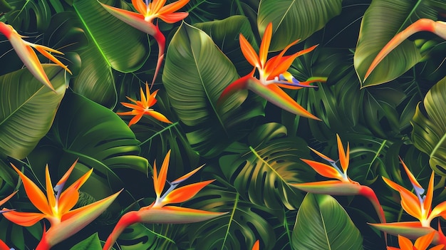 Un fondo exótico sin costuras con flores tropicales del paraíso hojas de la selva y aves del paraíso