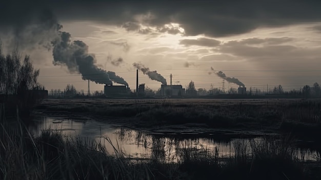 Fondo de fábrica contaminante con mucho humo negro chimeneas producción emisiones naturaleza contaminación