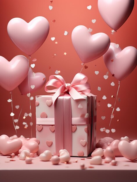 Fondo de felicitación del Día de San Valentín con globos en forma de corazón cajas de regalo de cinta dorada y oropel plantilla de publicidad para la venta de vacaciones foto de alta calidad